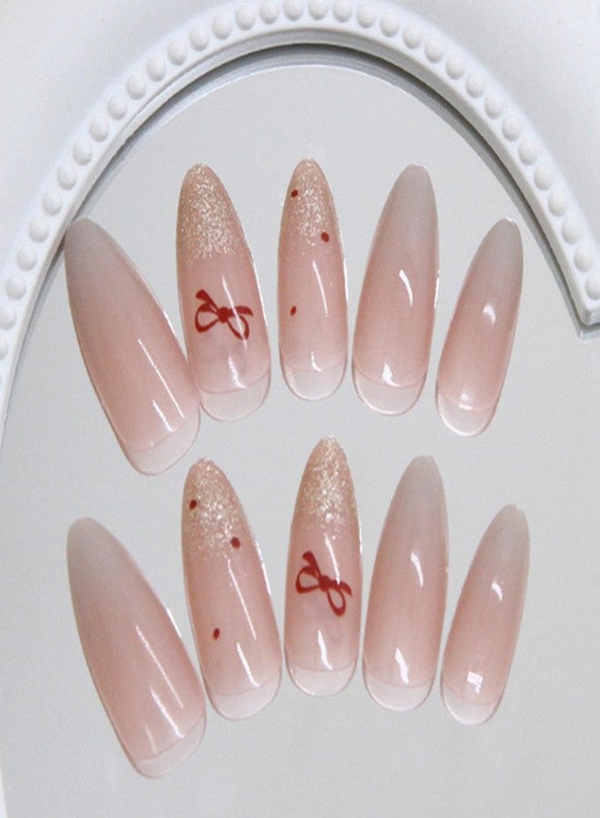 YoYoee 24Pes Short Press on Nails - Almond Fake Nails Nude Bow False Nails Gradient Full Cover Nails Tips for Women - Image 4